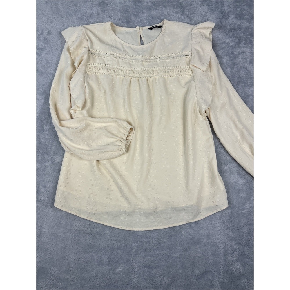 BTFBM Women Top Large Long Sleeve Butter Yellow Ruffle Textured Lace Prairie